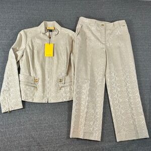 St John Womens Suit Set Ivory Blazer Pants Beige Snake Print Metallic Size 8 NWT